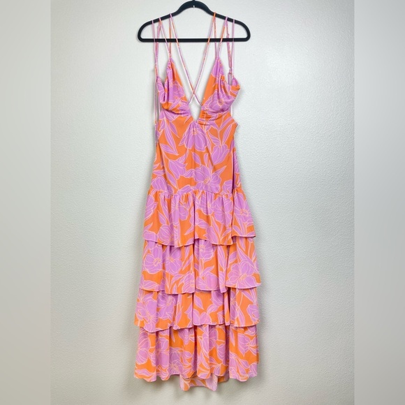 ASTR The Label Women's Large Aneira Dress Orange Purple Floral Maxi Ruffle Strap - Picture 4 of 16